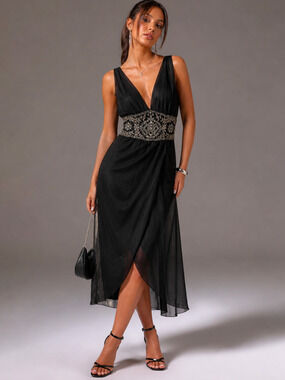 Mandalay Black Silk Beaded Empire Waist Midi Dress Size 8